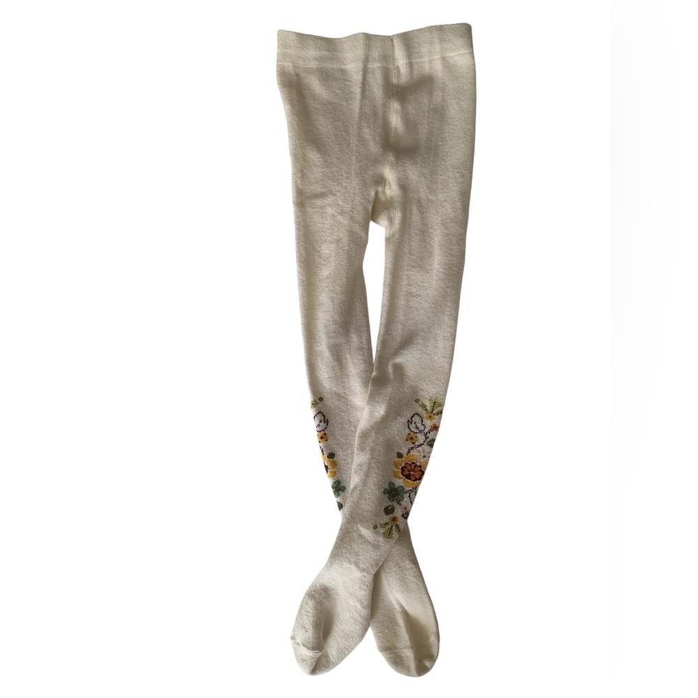 Cherokee Tights Girls 4T-5T Cream Floral Lower Leg Yellow Green Stretchy